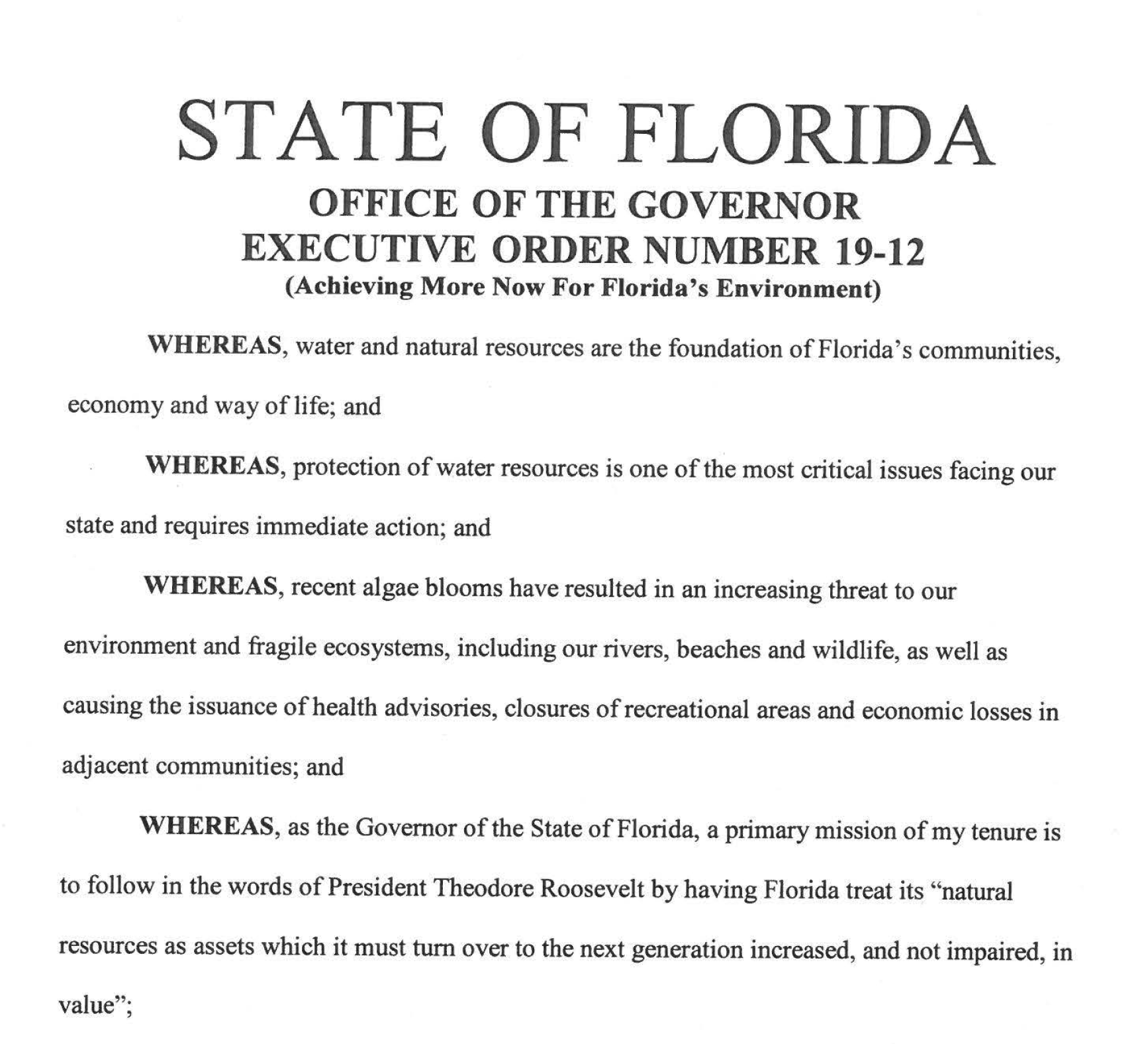 Executive Order 1912 Florida Department of Environmental Protection